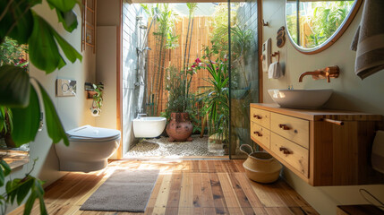 An eco-friendly bathroom featuring sustainable materials like bamboo flooring, low-flow fixtures,...