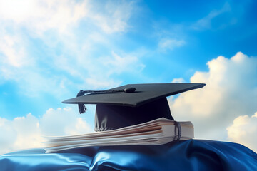 Graduate s Journey: A Close-Up of Cap and Diploma Against a Blue Sky