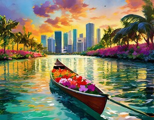 A canoe full of flowers through the Miami river with the Miami's downtown skyline at sunset - obrazy, fototapety, plakaty