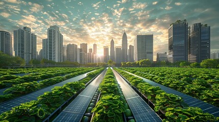 Urban Skyline Overlooking A Rooftop Agricultural Greenhouse With Solar Panels, Sustainable City Farming Concept, AI Generated