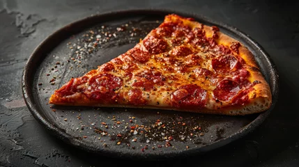 Foto op Plexiglas Slice of traditional pepperoni pizza on dark plate. On dark surface, studio lighting. Tasty food. © steve