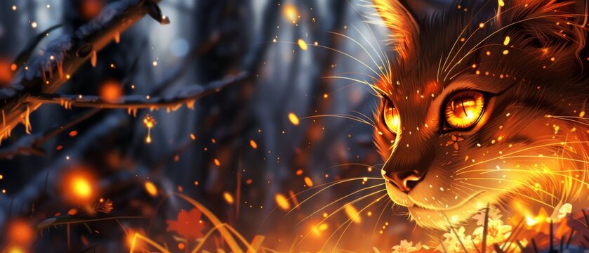  A picture of a cat on fire in a green landscape with flames emanating from its eyes