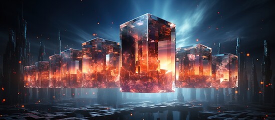 Glowing glass cubes on dark background.