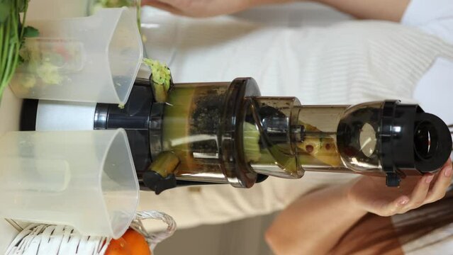 Close-up of young woman put celery into juicer. Process of making healthy drink. Vertical video