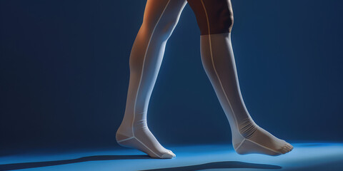 Vibrant Comfort: Legs in Compression Stockings on simple flat background with copy space. Female legs clad in medical compression stockings socks. - obrazy, fototapety, plakaty