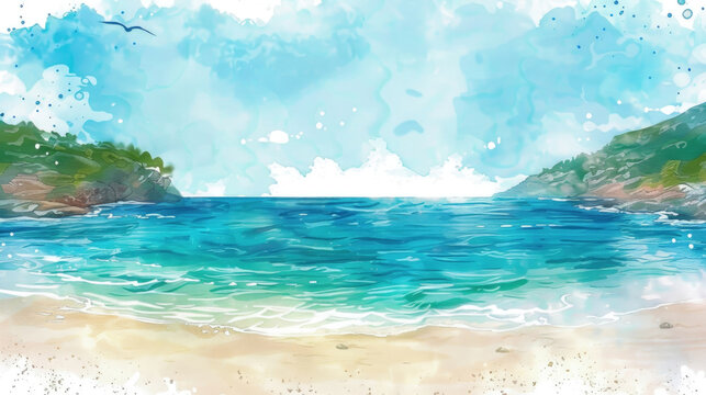 A realistic painting portraying a beach scene with crystal blue water, golden sand, and a clear sky
