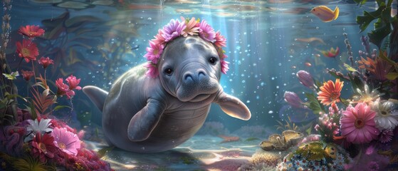  A painting of a baby manta ray with a pink flower in its hair, sitting underwater - obrazy, fototapety, plakaty