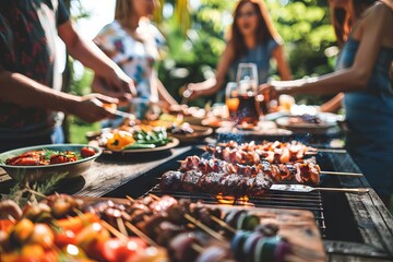 Group of people having barbecue, outdoor summer party and fun concept - obrazy, fototapety, plakaty