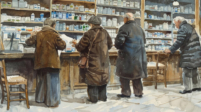 A painting depicting a group of people standing in a pharmacy, looking at shelves stocked with medication and talking to the pharmacist