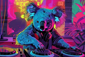 Hip, pop art-style illustration of a stylish koala DJ mixing music in a colorful, neon-lit nightclub, digital art