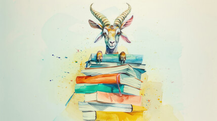 A whimsical watercolor painting depicts a goat balancing on a vibrant pile of books, evoking a sense of playful knowledge