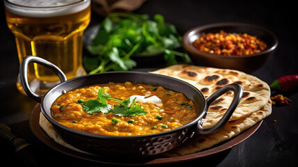 Indian Tarka Dal Curry with Roti and Beer - obrazy, fototapety, plakaty