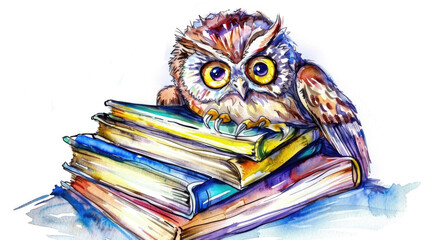 Obraz premium A brown owl with large round eyes sitting calmly on top of a tall pile of various books