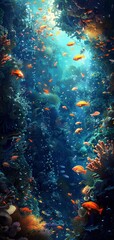 Fototapeta na wymiar Glowing Deep Sea Creatures in a Surreal Underwater Universe Generative AI
