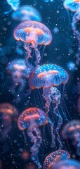 Dreamy Underwater Odyssey: Glowing Jellyfish in a Surreal Blue World Generative AI