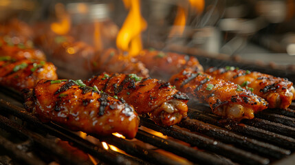 Chicken wings on hot grill. Spicy chicken wings. BBQ. - obrazy, fototapety, plakaty