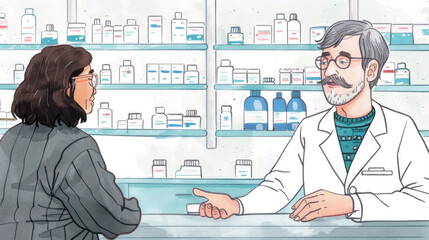 A woman is engaged in conversation with a man standing behind a pharmacy counter, possibly discussing medication or health-related issues
