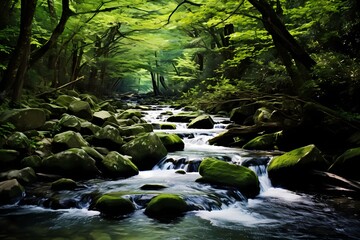 Serene mountain stream plunging gracefully, surrounded by dense foliage and the soothing sound of nature