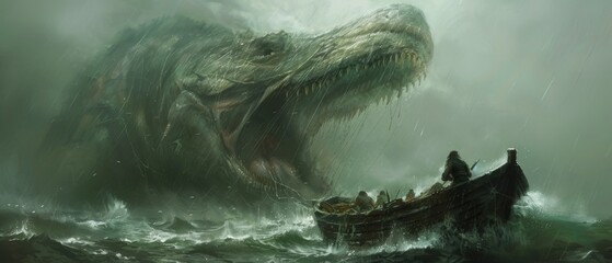  A man in a boat being attacked by a giant monster with an open mouth in the middle of the ocean