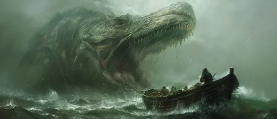 Fotobehang  A man in a boat being attacked by a giant monster with an open mouth in the middle of the ocean © Wall