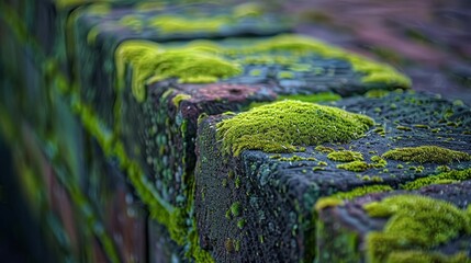 Mossy Brick Wall Close-up: Vibrant Sidewalk Scene.
