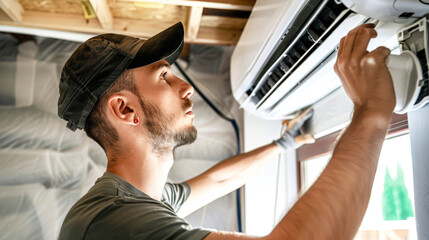 A man is performing maintenance on an air conditioner unit, focusing on repairing and ensuring its optimal performance - obrazy, fototapety, plakaty