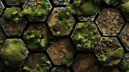 Mossy Hexagonal Patterns in Forest Microhabitat - obrazy, fototapety, plakaty