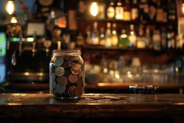 Glass jar for tips with coins and bills standing on the counter at a bar, cafe, or restaurant. 