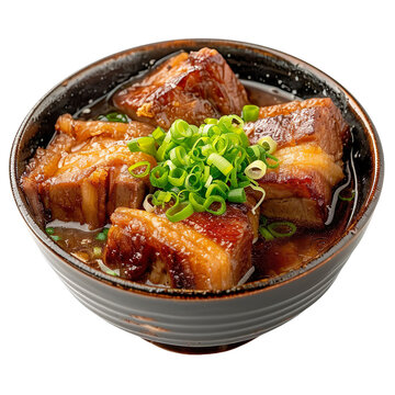 front view of Buta Kakuni (Japanese braised pork belly) in a traditional Japanese bowl with a flavorful broth, garnished with green onions, isolated on a white transparent background