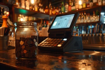 Glass jar for tips with coins and bills standing on the counter at a bar, cafe, or restaurant.  - obrazy, fototapety, plakaty