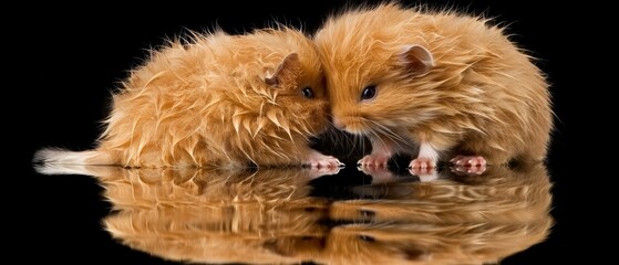  Two brown hamsters on a reflective surface against a dark backdrop