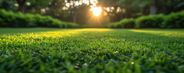 Close-up of lawn grass, lush green grass field