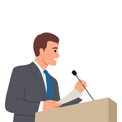 Confident man behind podium during stage speech. Speaker talking before audience. Flat vector illustration isolated on white background