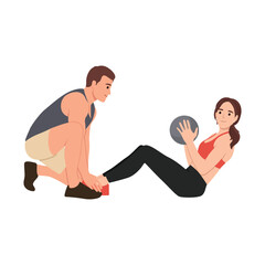 Couple of young people do sit up exercise with medicine ball. Flat vector illustration isolated on white background