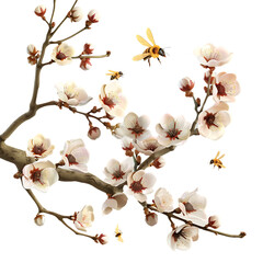 Blossom tree branch. Sweet little bees flying. 3D illustration. Vector  