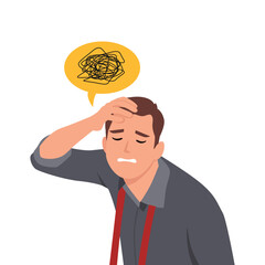 Frustrated stressed man suffering from headache. Flat vector illustration isolated on white background