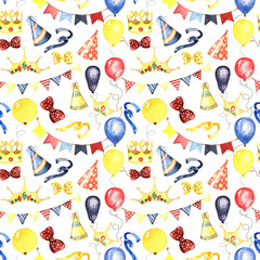 Happy Birthday party seamless pattern with hand drawn watercolor elements with balloons, garland, confetti.