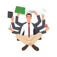 Businessman practicing mindfulness meditation multitasking. Flat vector illustration isolated on white background