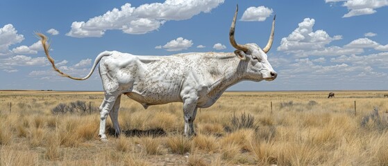  A lone, snow-white bull grazes amidst parched tall grasses, beneath an expansive azure sky adorned with fluffy white cumulus clouds
