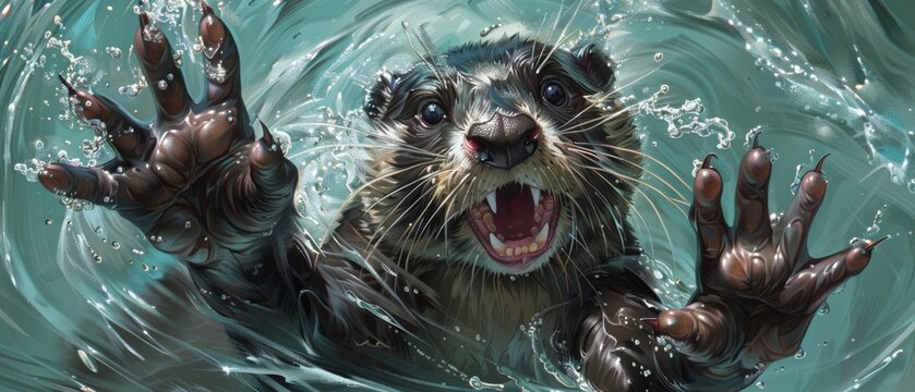 Sea Otter Painting, depicts an otter floating in the water, arms raised high as if diving, mouth agape