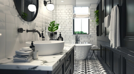 A contemporary black and white bathroom with marble countertops, matte black fixtures, and graphic...