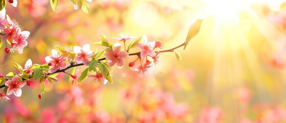  A tree's branch adorned with pink flowers, with sunlight filtering from behind