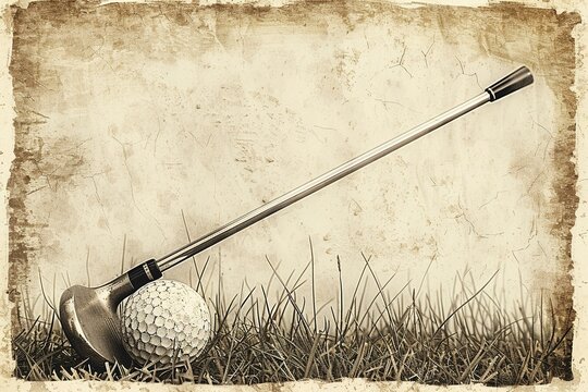 Golf club and ball stylized clipart sepia shading grass texture