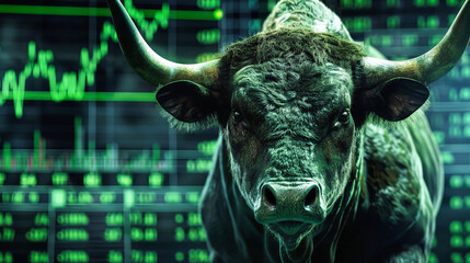 A bull stands in front of a wall of stock market numbers, symbolizing trading on the stock exchange - obrazy, fototapety, plakaty