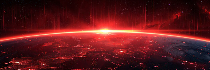 Red glowing light from the earth in space background. red sunset earth in space,