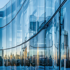 Structural glass facade of fantastic office building. Contemporary architectural fiction. Glazed aluminum structure. Abstract architecture fragment.
