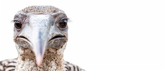 Naklejka premium A bird's face in close-up, adorned with a white and black striped pattern on its body