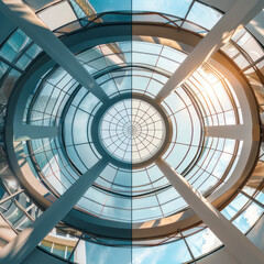 Double exposure photo of transparent circular glass ceiling / roof at two different zooms. Realistic but not real architectural image with doubled number of circles compared to the real object.
