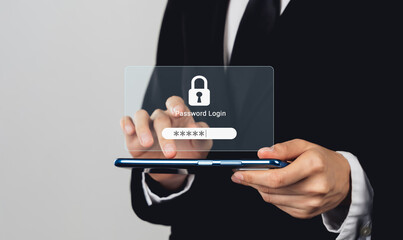 Businessman hand using smartphone with typing password security login on mobile application.