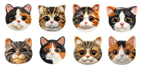 Refrigerator clay magnets decoration set. Cute kitty face collection